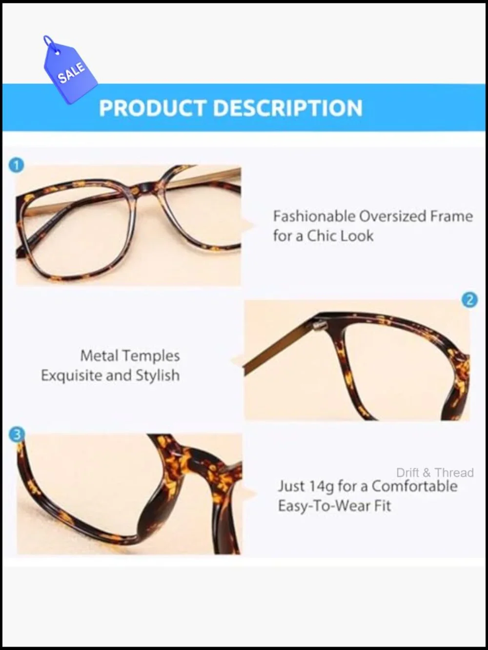 Oversized Square Blue Light Blocking Glasses TR90 Metal Frame UV400